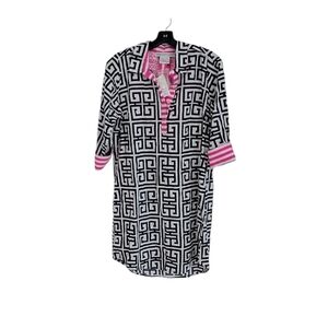 Gretchen Scott Designs Black & White Geometric Long Sleeve Tunic with Pink Trim